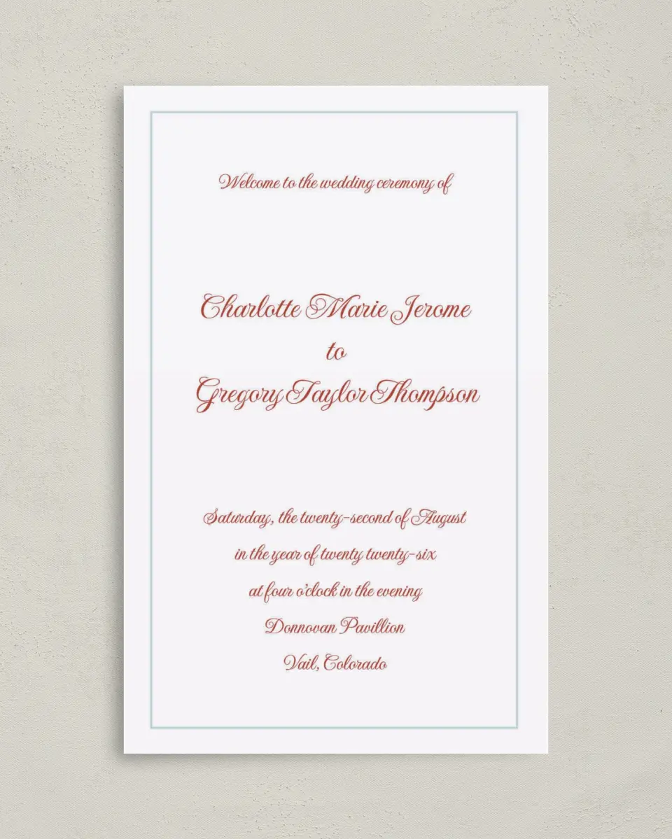 This is a 5" x 7⅞" Folded Half-fold Wedding Program called Mod Elegance printed in full color on Premium Smooth paper