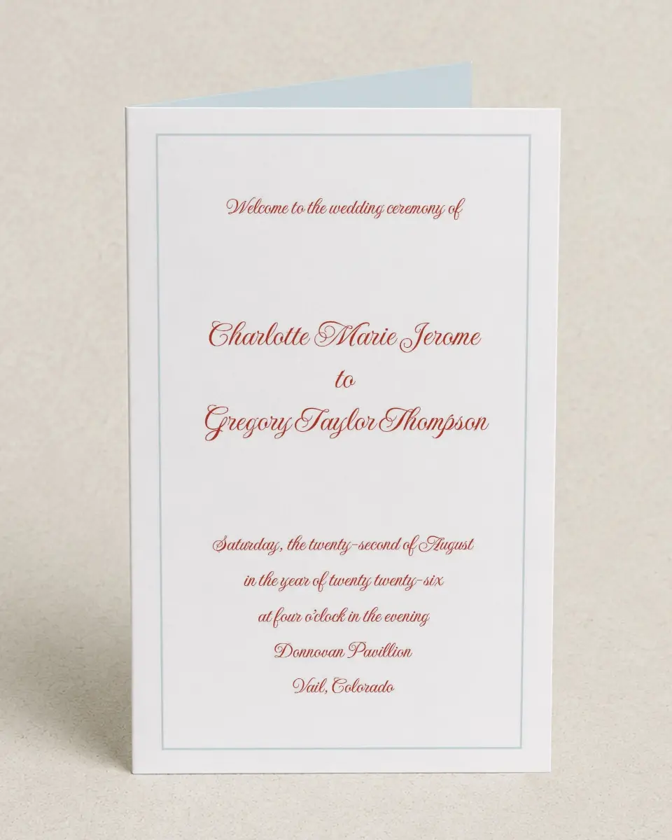 This is a 5" x 7⅞" Folded Half-fold Wedding Program called Mod Elegance printed in full color on Premium Smooth paper