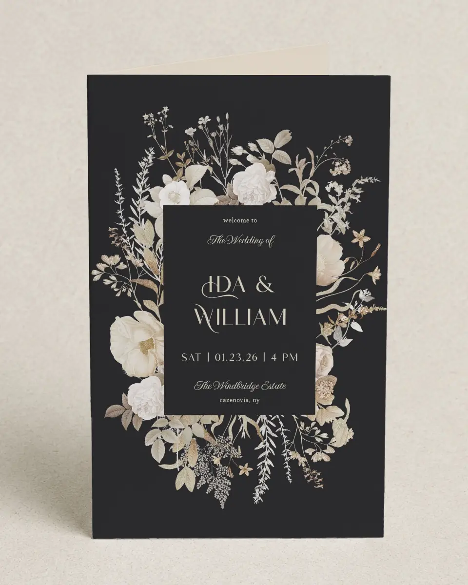This is a 5" x 7⅞" Folded Half-fold Wedding Program called Winter Wildflowers printed in full color on Premium Smooth paper