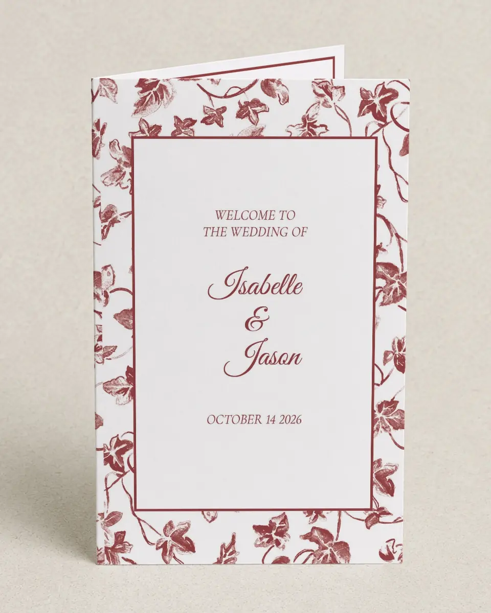 This is a 5" x 7⅞" Folded Half-fold Wedding Program called Elegant Autumn printed in full color on Premium Smooth paper