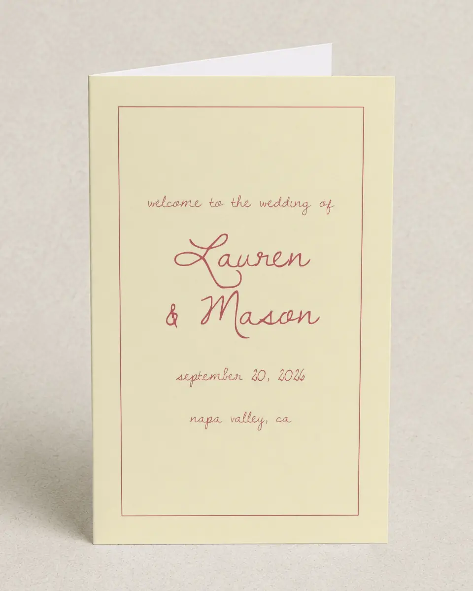 This is a 5" x 7⅞" Folded Half-fold Wedding Program called Forever Bud printed in full color on Premium Smooth paper