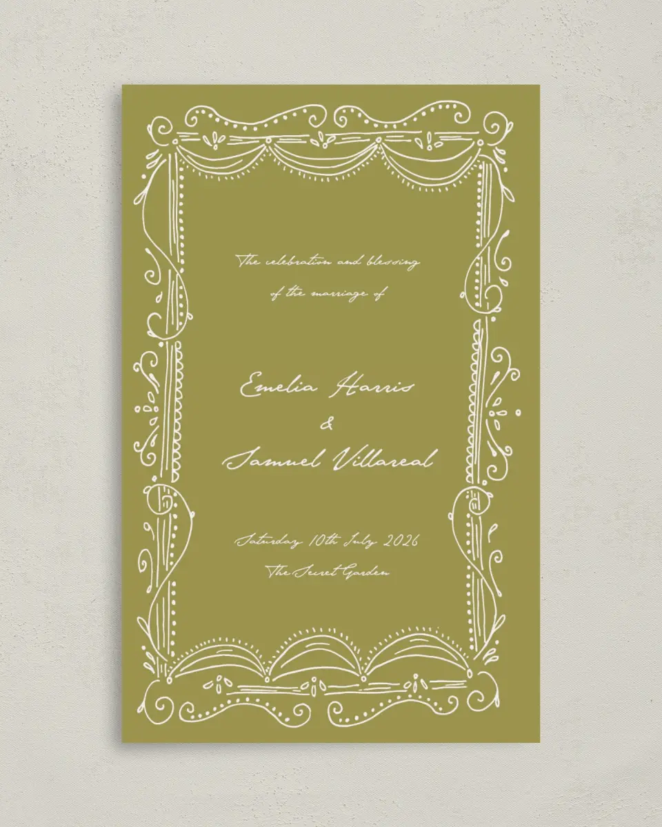 This is a 5" x 7⅞" Folded Half-fold Wedding Program called With Love printed in full color with Rose Gold foil on Luxe Satin (coated) paper