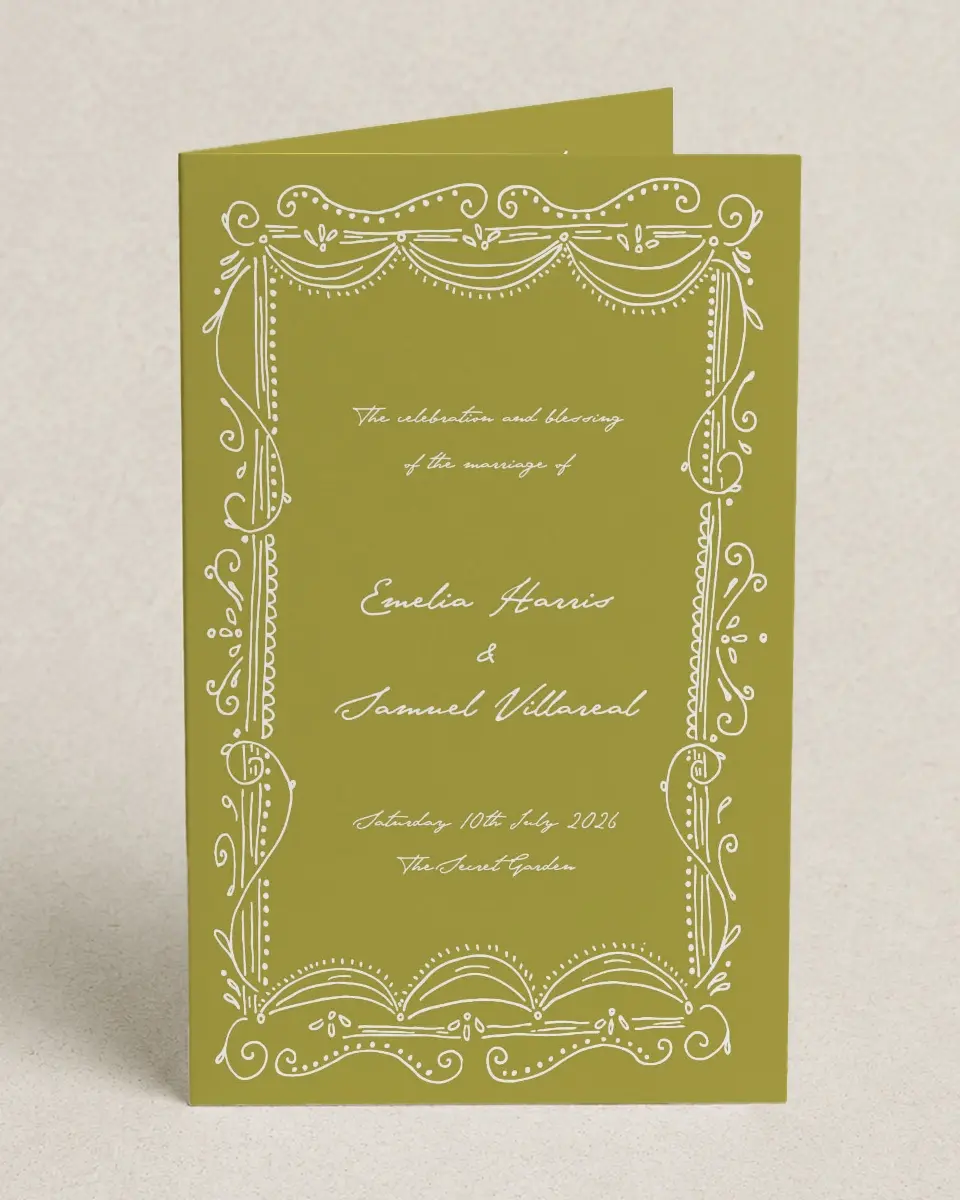 This is a 5" x 7⅞" Folded Half-fold Wedding Program called With Love printed in full color on Premium Smooth paper