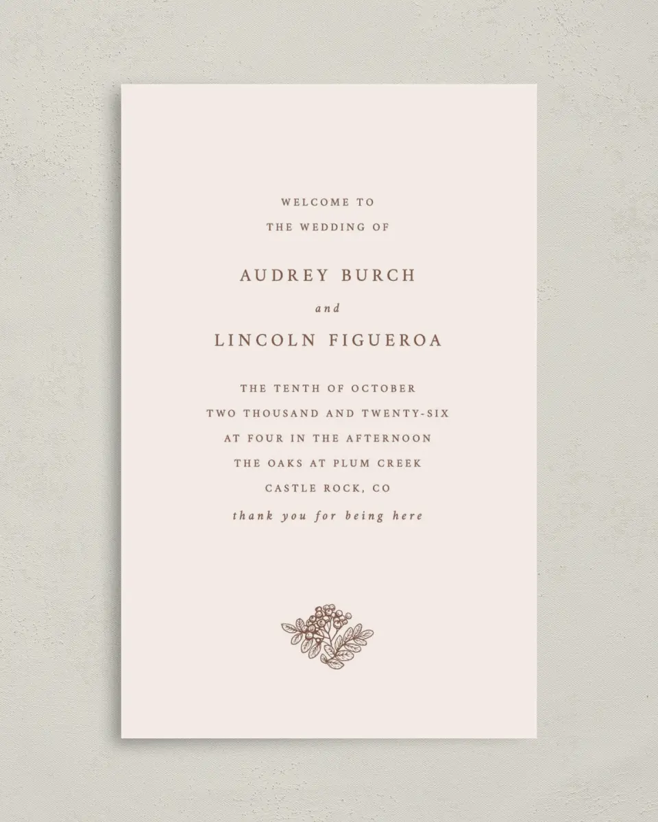 This is a 5" x 7⅞" Folded Half-fold Wedding Program called Autumn Vow printed in full color on Premium Smooth paper