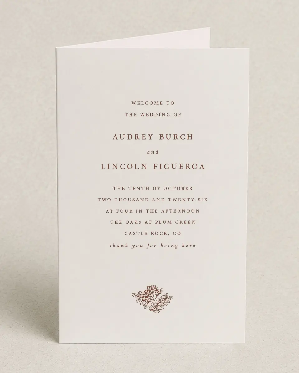 This is a 5" x 7⅞" Folded Half-fold Wedding Program called Autumn Vow printed in full color with Rose Gold foil on Luxe Satin (coated) paper