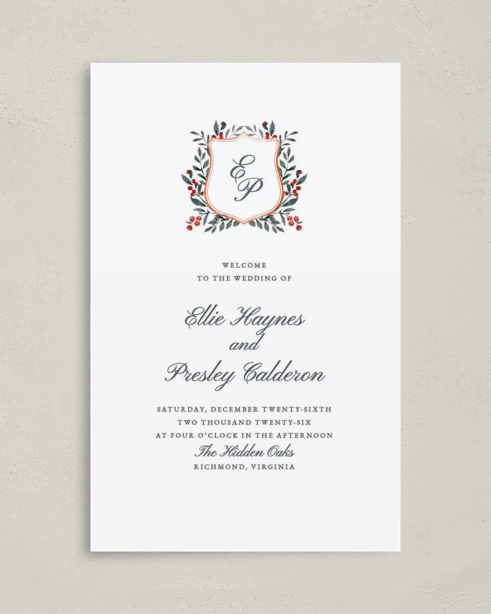 This is a 5" x 7⅞" Folded Half-fold Wedding Program called Heirloom Holly printed in full color on Premium Smooth paper