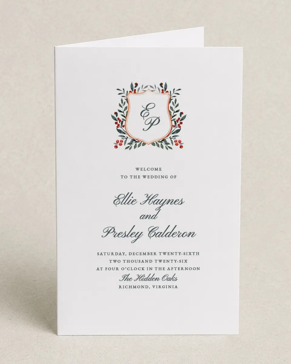 This is a 5" x 7⅞" Folded Half-fold Wedding Program called Heirloom Holly printed in full color on Premium Smooth paper