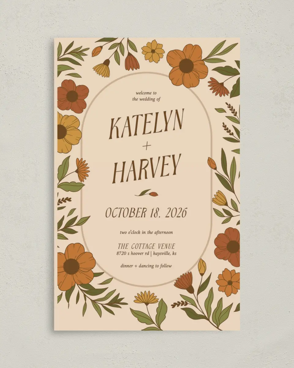 This is a 5" x 7⅞" Folded Half-fold Wedding Program called Wild + Bright printed in full color with Rose Gold foil on Luxe Satin (coated) paper