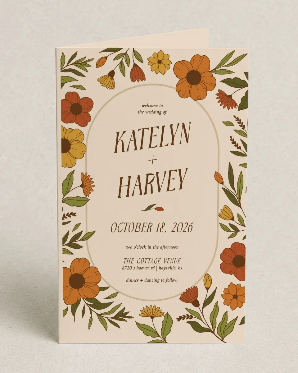 This is a 5" x 7⅞" Folded Half-fold Wedding Program called Wild + Bright printed in full color on Premium Smooth paper