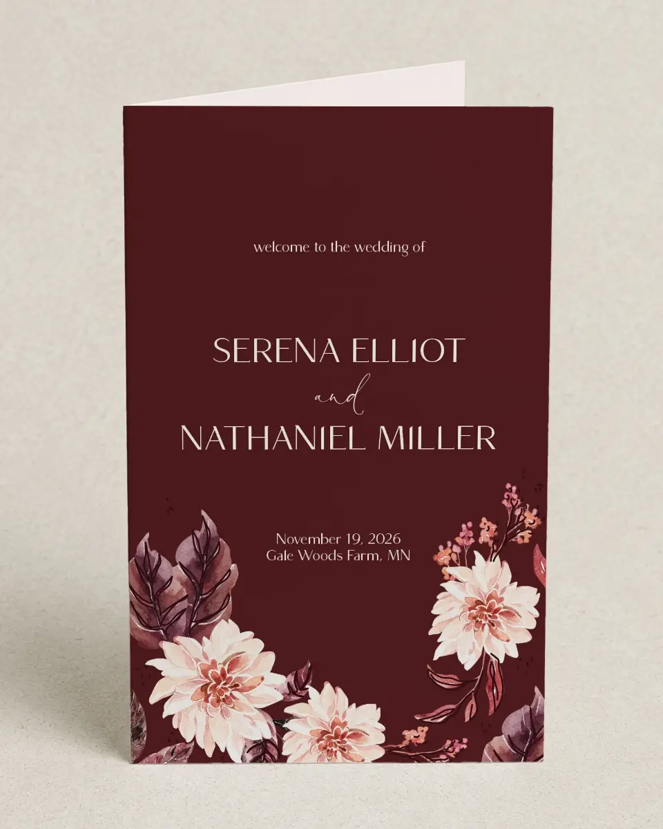 This is a 5" x 7⅞" Folded Half-fold Wedding Program called Fall Florals printed in full color on Premium Smooth paper