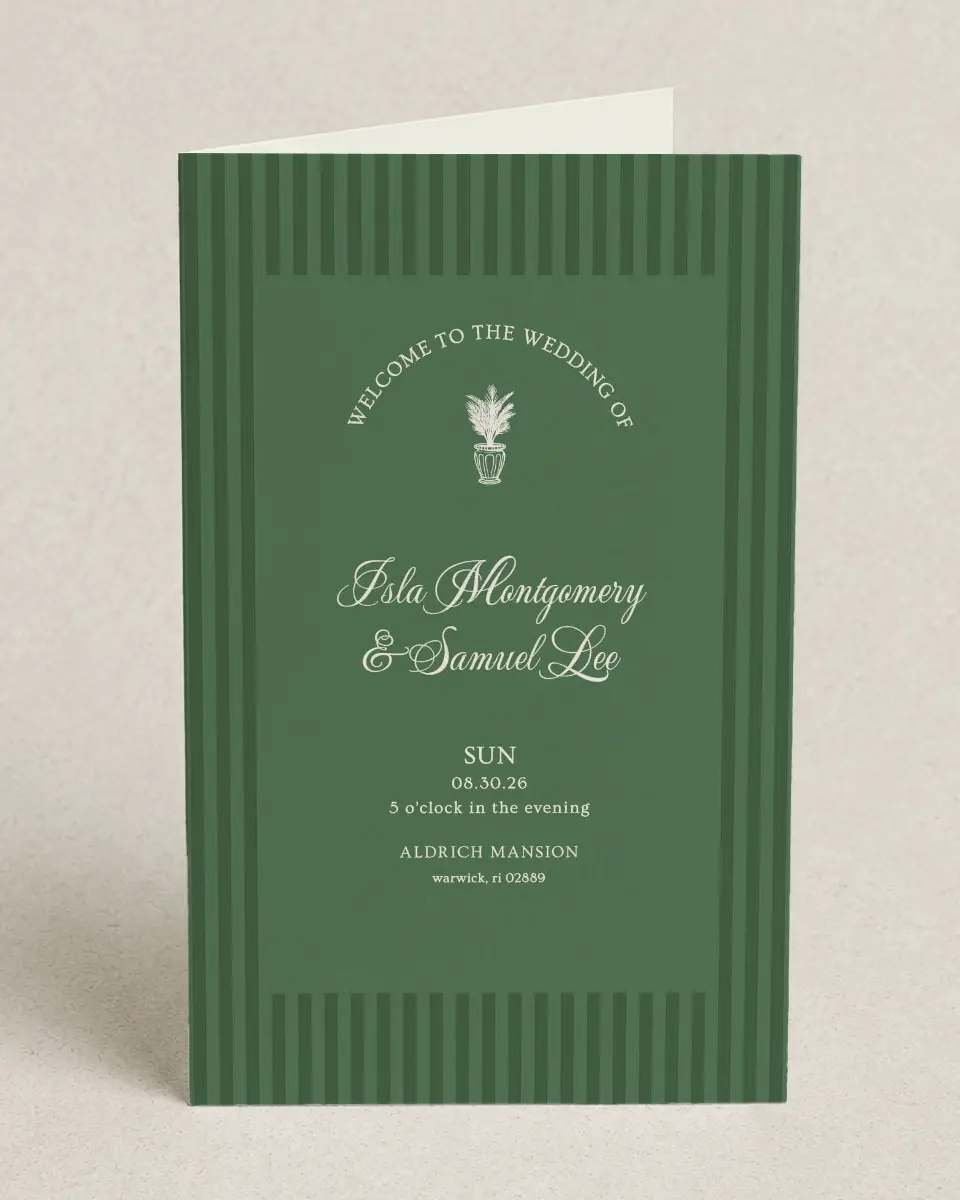 This is a 5" x 7⅞" Folded Half-fold Wedding Program called Warwick printed in full color on Premium Smooth paper