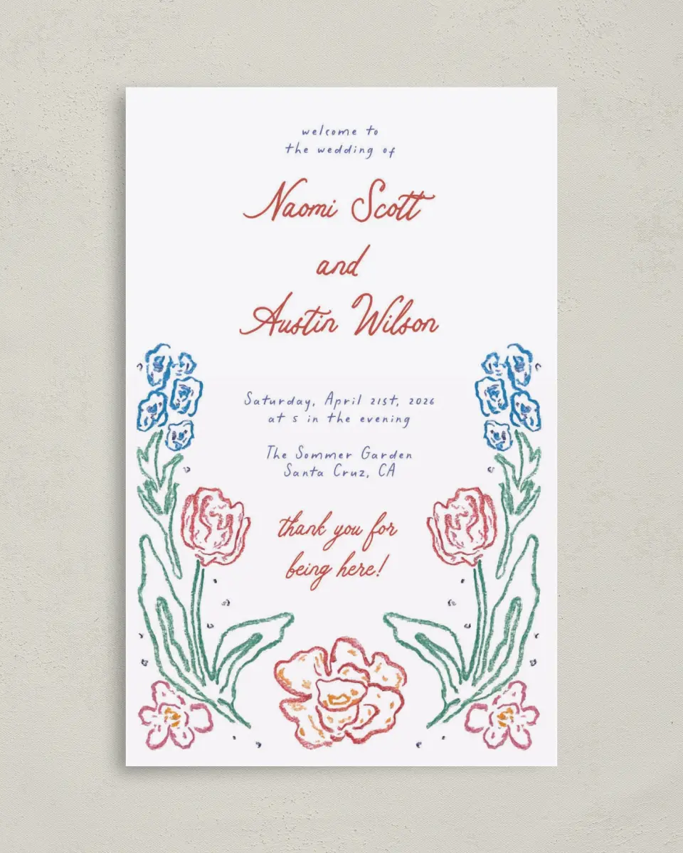 This is a 5" x 7⅞" Folded Half-fold Wedding Program called Whimsy Love printed in full color with Rose Gold foil on Luxe Satin (coated) paper