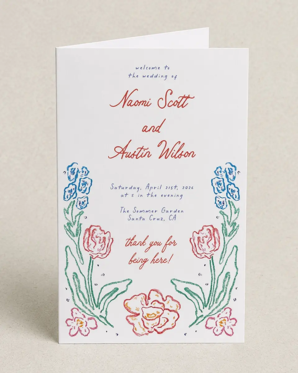 This is a 5" x 7⅞" Folded Half-fold Wedding Program called Whimsy Love printed in full color on Premium Smooth paper