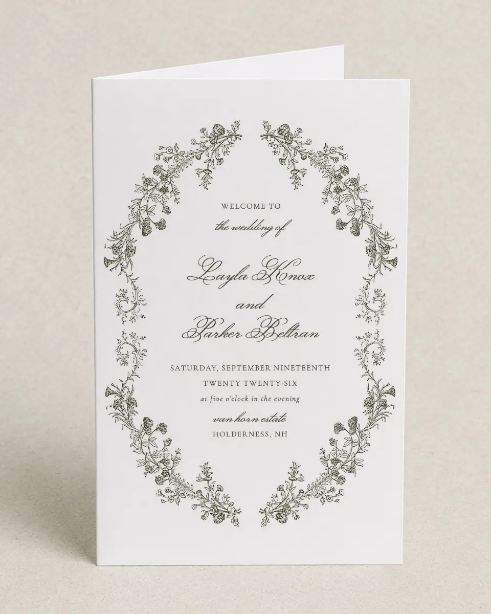 This is a 5" x 7⅞" Folded Half-fold Wedding Program called Holderness printed in full color on Premium Smooth paper