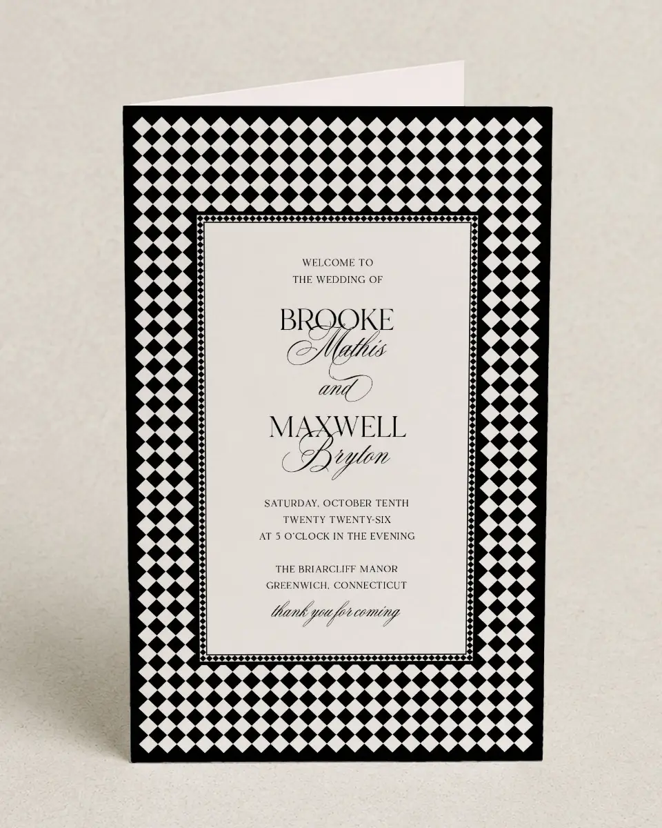 This is a 5" x 7⅞" Folded Half-fold Wedding Program called Greenwich printed in full color on Premium Smooth paper