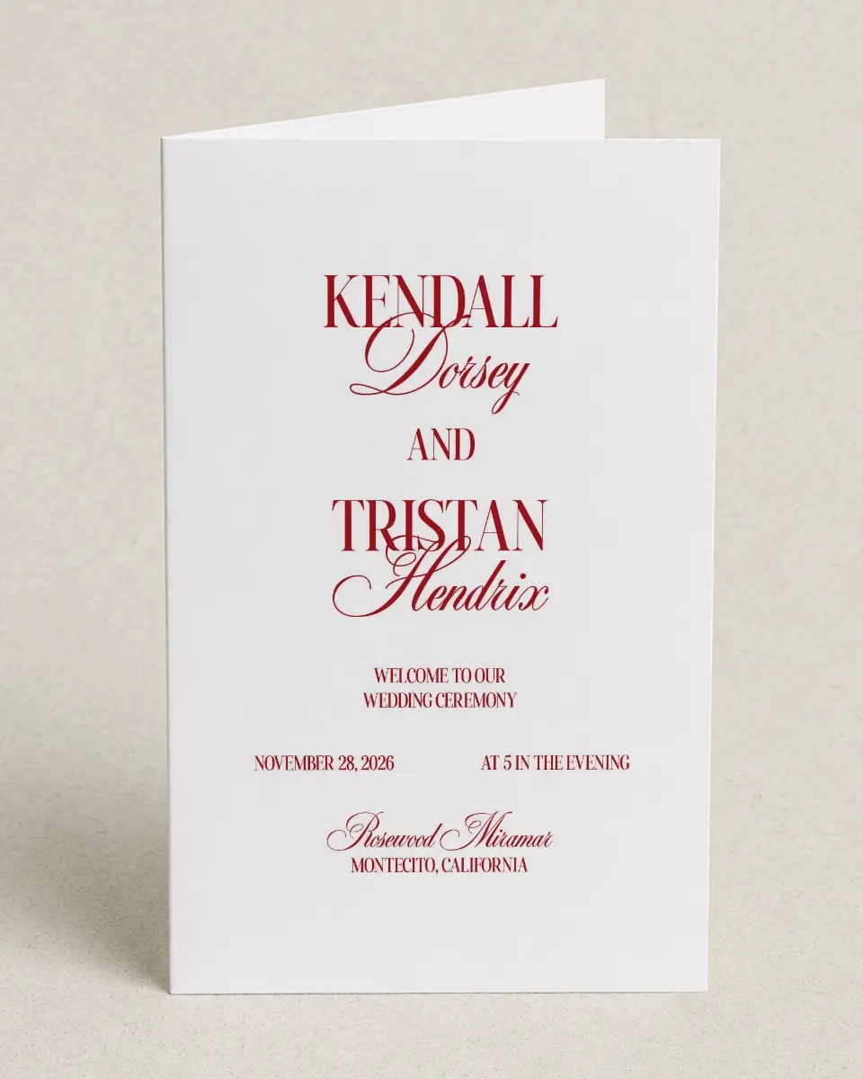 This is a 5" x 7⅞" Folded Half-fold Wedding Program called Montecito printed in full color on Premium Smooth paper