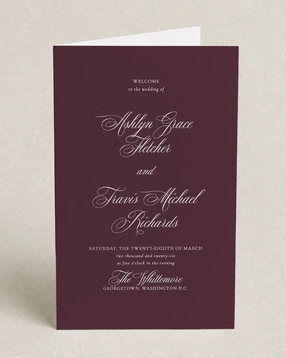 This is a 5" x 7⅞" Folded Half-fold Wedding Program called Georgetown printed in full color on Premium Smooth paper