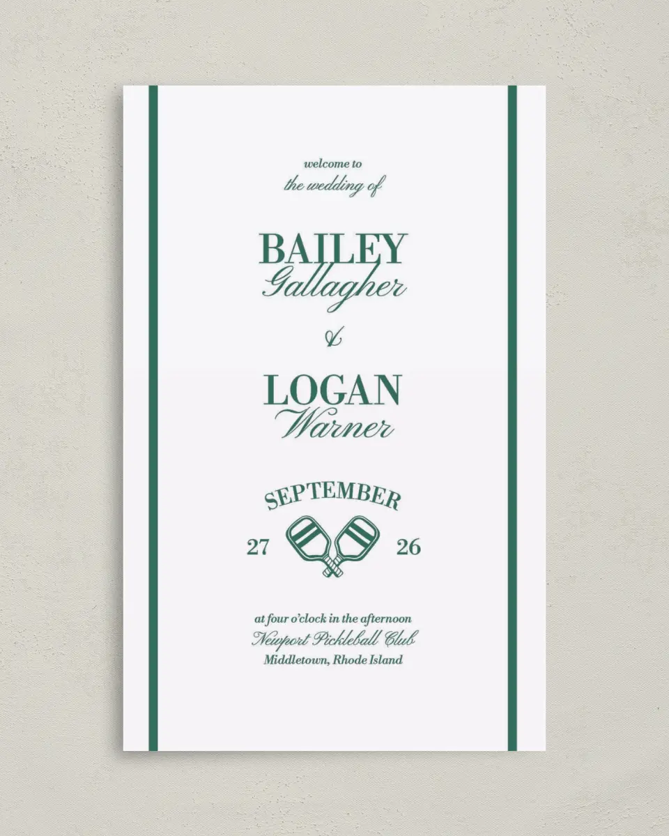 This is a 5" x 7⅞" Folded Half-fold Wedding Program called Serving Up Forever printed in full color with Rose Gold foil on Luxe Satin (coated) paper