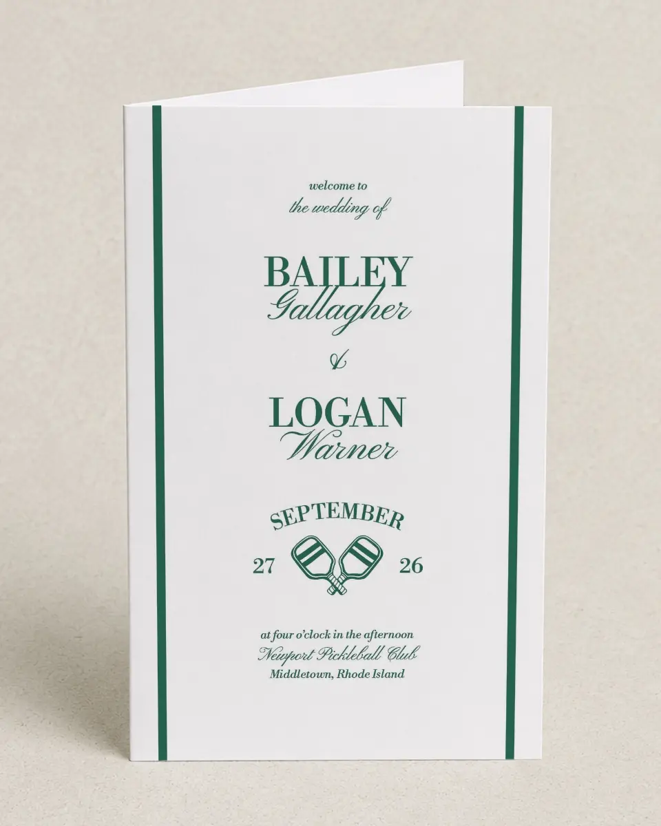 This is a 5" x 7⅞" Folded Half-fold Wedding Program called Serving Up Forever printed in full color on Premium Smooth paper
