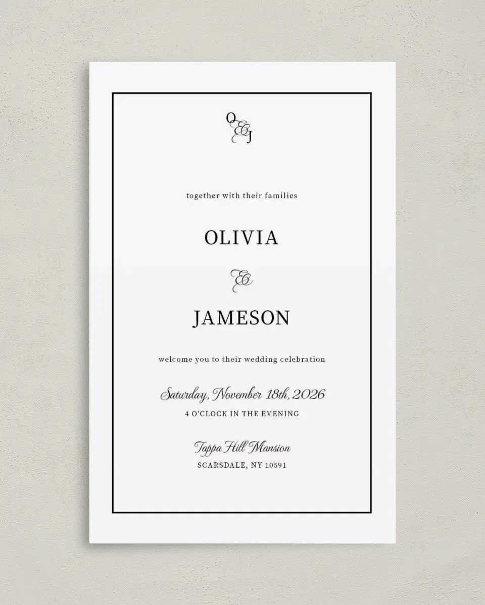 This is a 5" x 7⅞" Folded Half-fold Wedding Program called Scarsdale printed in full color with Rose Gold foil on Luxe Satin (coated) paper
