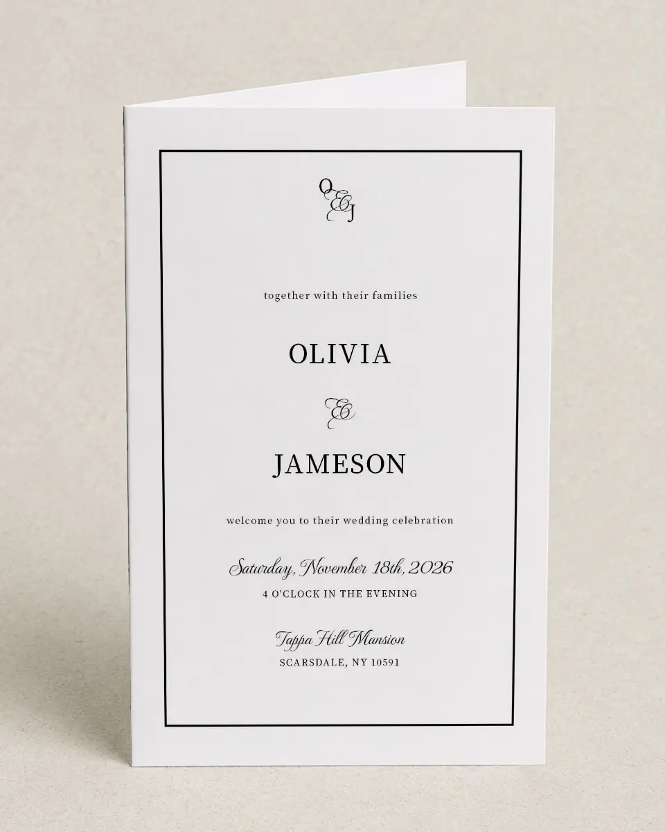 This is a 5" x 7⅞" Folded Half-fold Wedding Program called Scarsdale printed in full color on Premium Smooth paper
