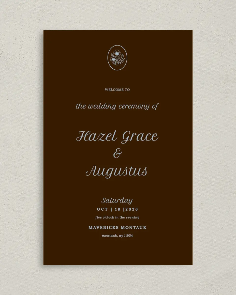 This is a 5" x 7⅞" Folded Half-fold Wedding Program called Montauk printed in full color with Rose Gold foil on Luxe Satin (coated) paper