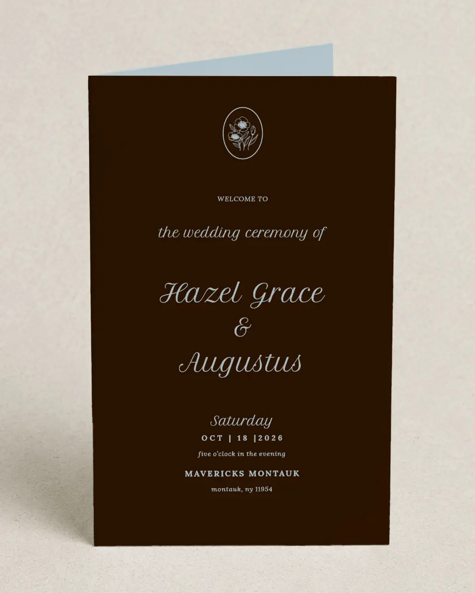 This is a 5" x 7⅞" Folded Half-fold Wedding Program called Montauk printed in full color on Premium Smooth paper
