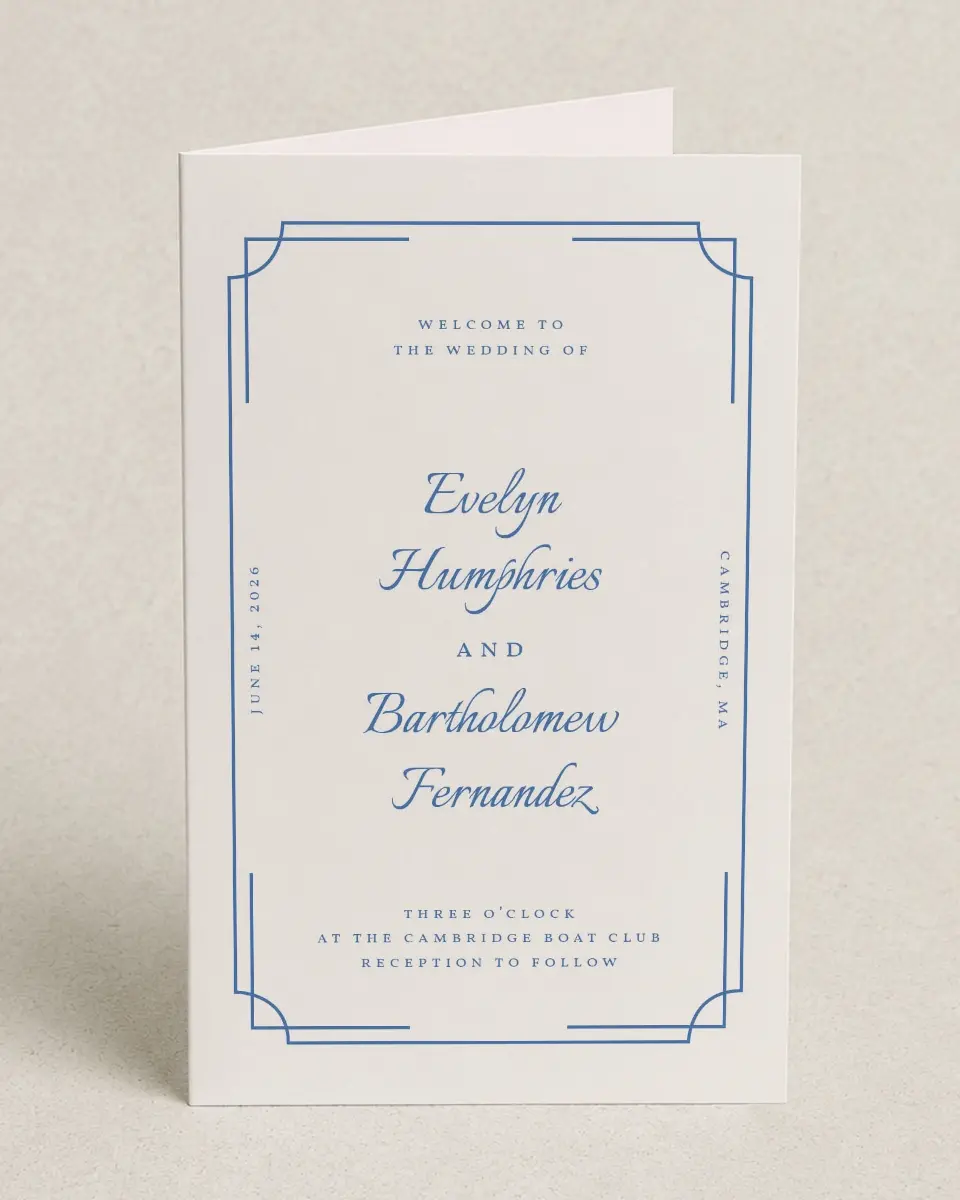 This is a 5" x 7⅞" Folded Half-fold Wedding Program called Cambridge printed in full color on Premium Smooth paper