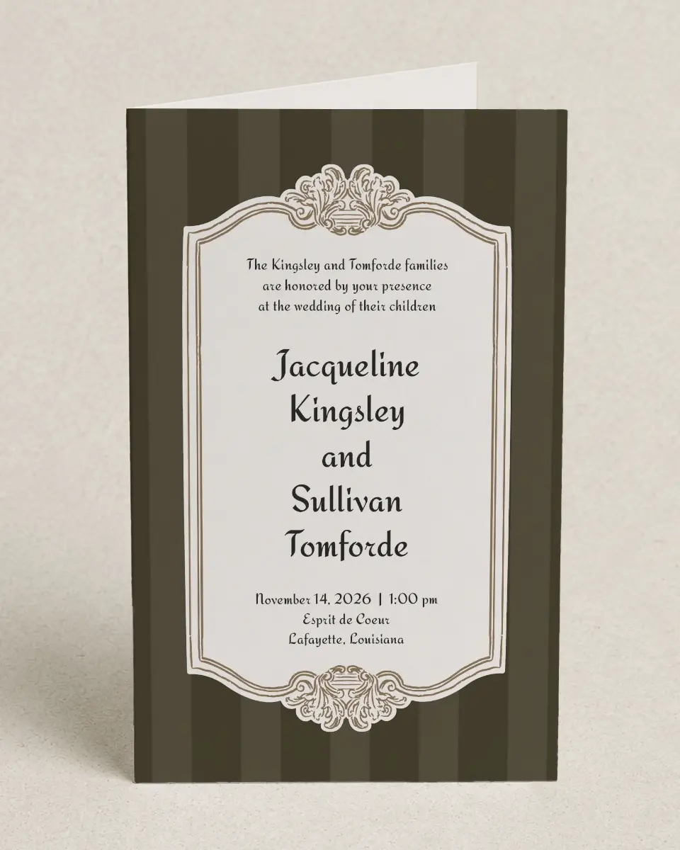 This is a 5" x 7⅞" Folded Half-fold Wedding Program called Lafayette printed in full color on Premium Smooth paper