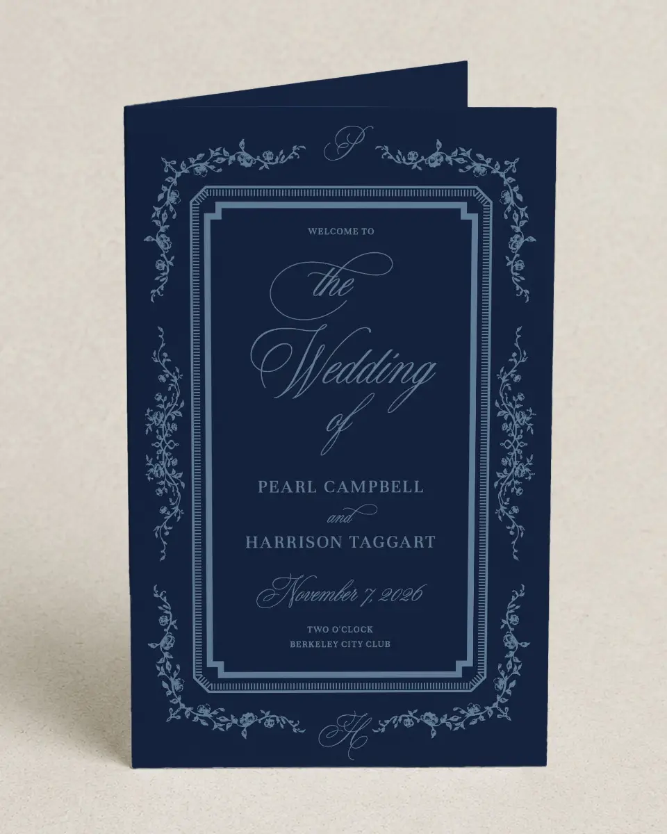 This is a 5" x 7⅞" Folded Half-fold Wedding Program called Berkeley printed in full color on Premium Smooth paper