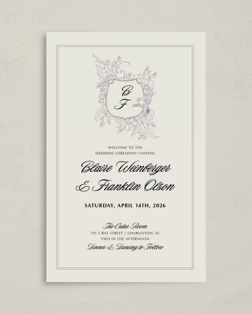 This is a 5" x 7⅞" Folded Half-fold Wedding Program called Charleston printed in full color on Premium Smooth paper