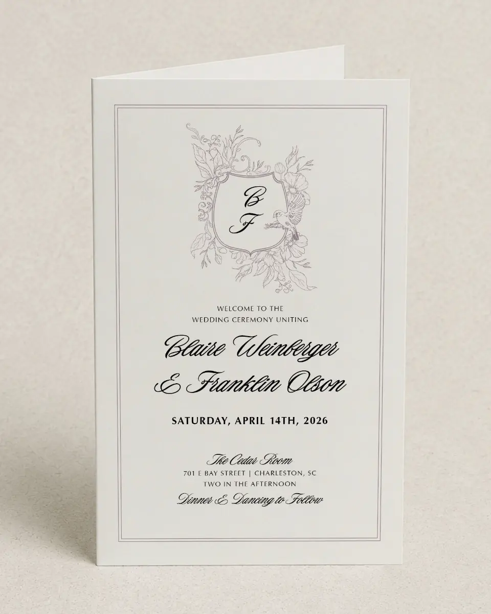 This is a 5" x 7⅞" Folded Half-fold Wedding Program called Charleston printed in full color on Premium Smooth paper