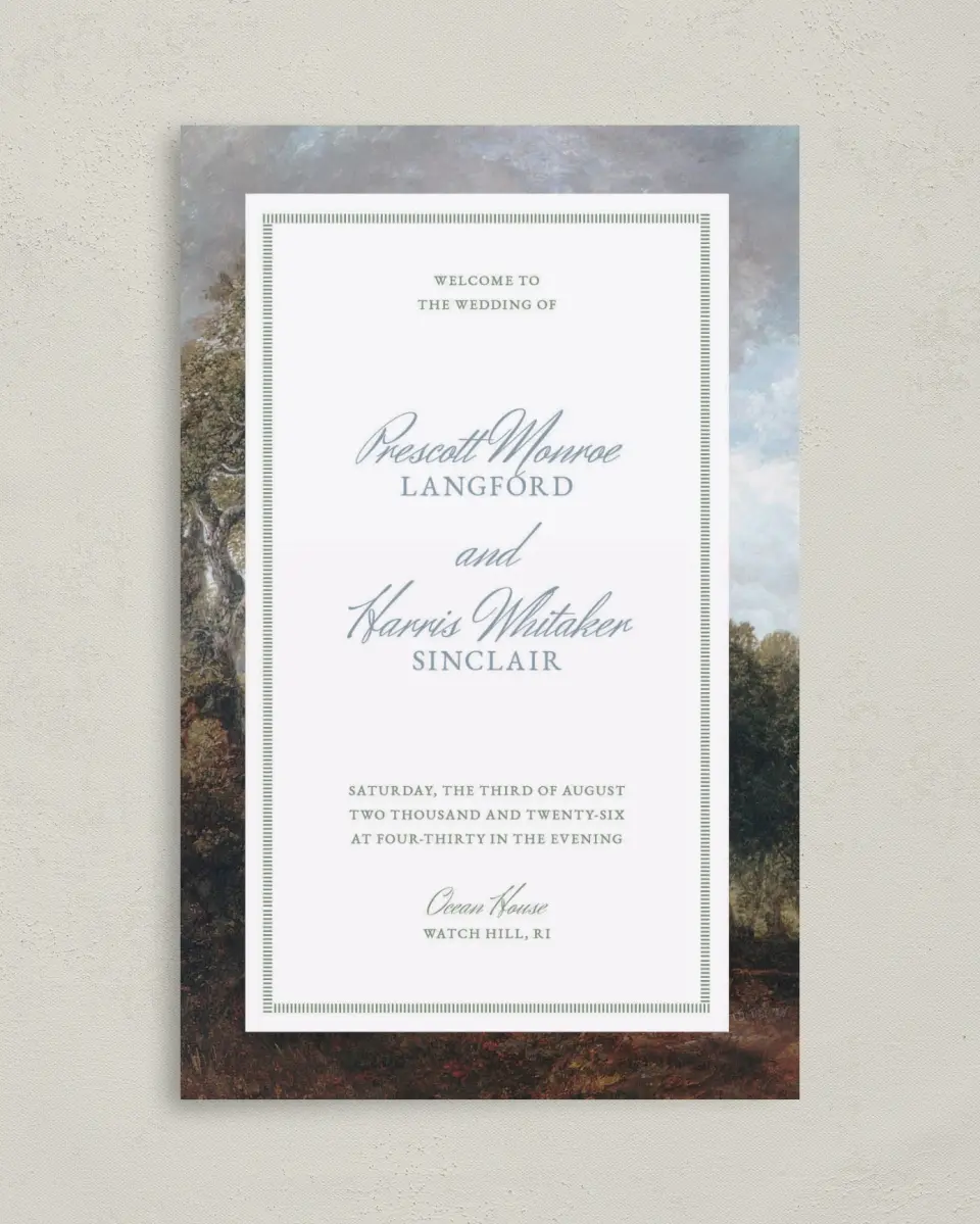 This is a 5" x 7⅞" Folded Half-fold Wedding Program called Watch Hill printed in full color with Rose Gold foil on Luxe Satin (coated) paper
