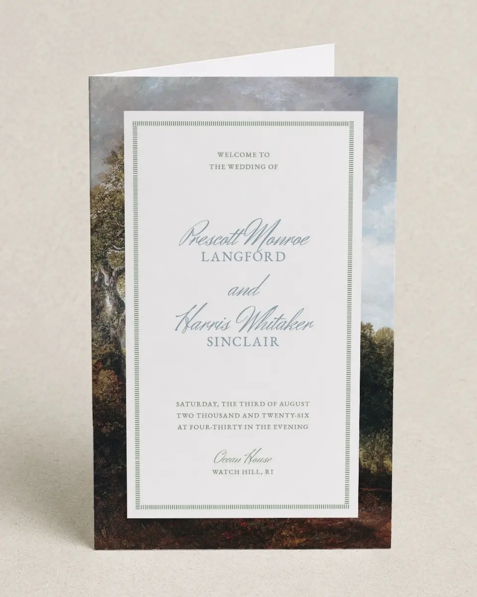 This is a 5" x 7⅞" Folded Half-fold Wedding Program called Watch Hill printed in full color on Premium Smooth paper