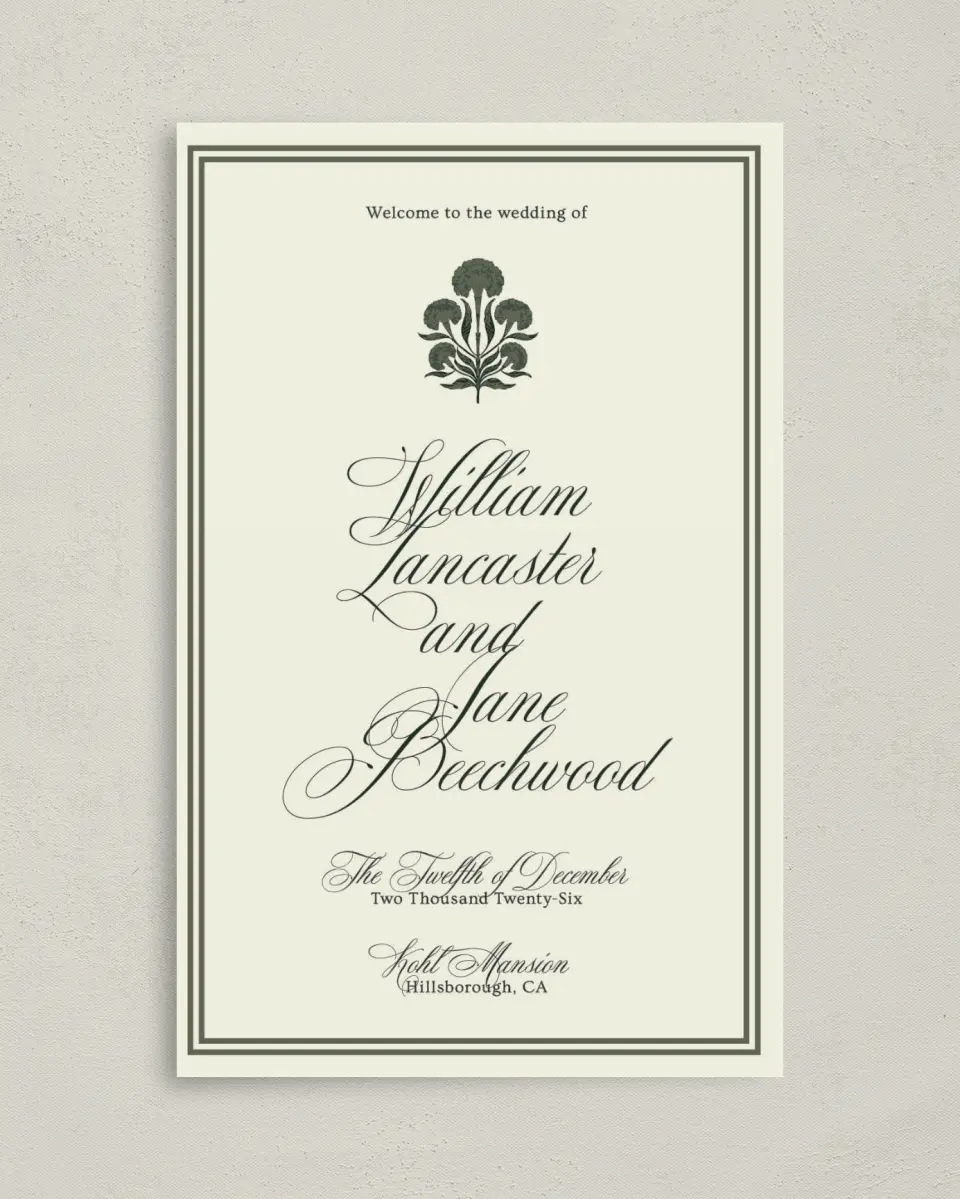This is a 5" x 7⅞" Folded Half-fold Wedding Program called Hillsborough printed in full color on Premium Smooth paper