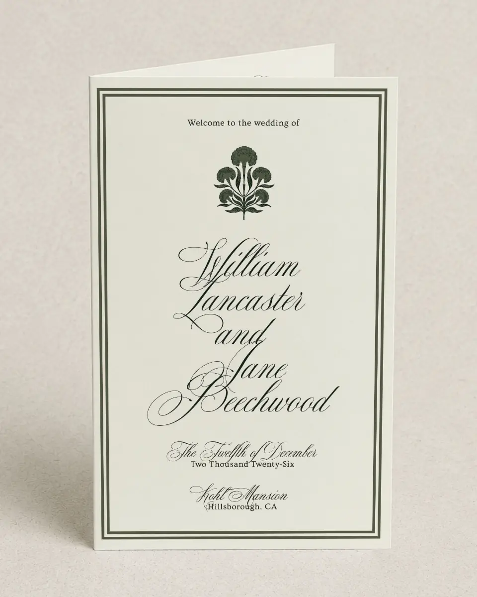 This is a 5" x 7⅞" Folded Half-fold Wedding Program called Hillsborough printed in full color on Premium Smooth paper