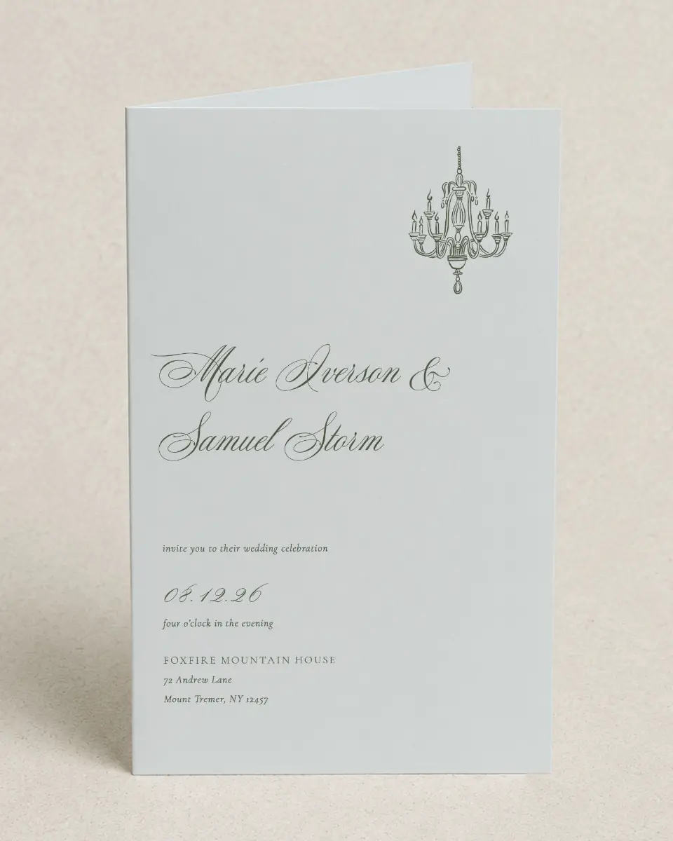 This is a 5" x 7⅞" Folded Half-fold Wedding Program called Foxfire printed in full color on Premium Smooth paper