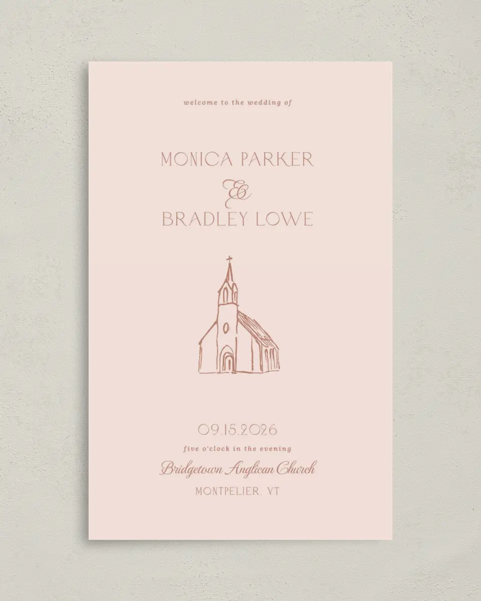 This is a 5" x 7⅞" Folded Half-fold Wedding Program called Bridgetown printed in full color on Premium Smooth paper