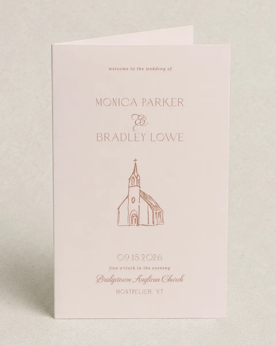This is a 5" x 7⅞" Folded Half-fold Wedding Program called Bridgetown printed in full color on Premium Smooth paper