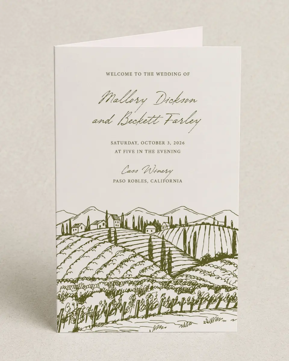 This is a 5" x 7⅞" Folded Half-fold Wedding Program called Ivyhill printed in full color on Premium Smooth paper