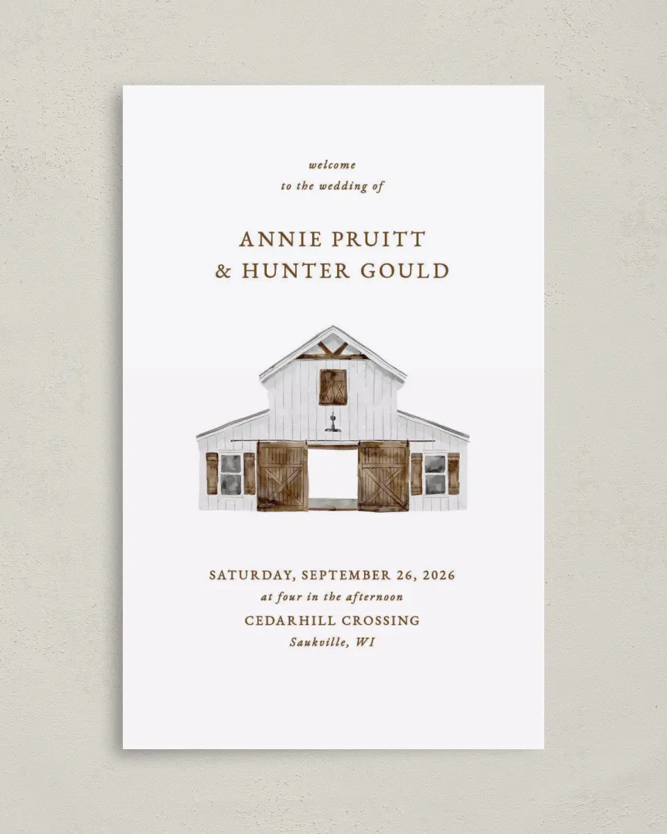 This is a 5" x 7⅞" Folded Half-fold Wedding Program called Cedarhill Crossing printed in full color on Premium Smooth paper