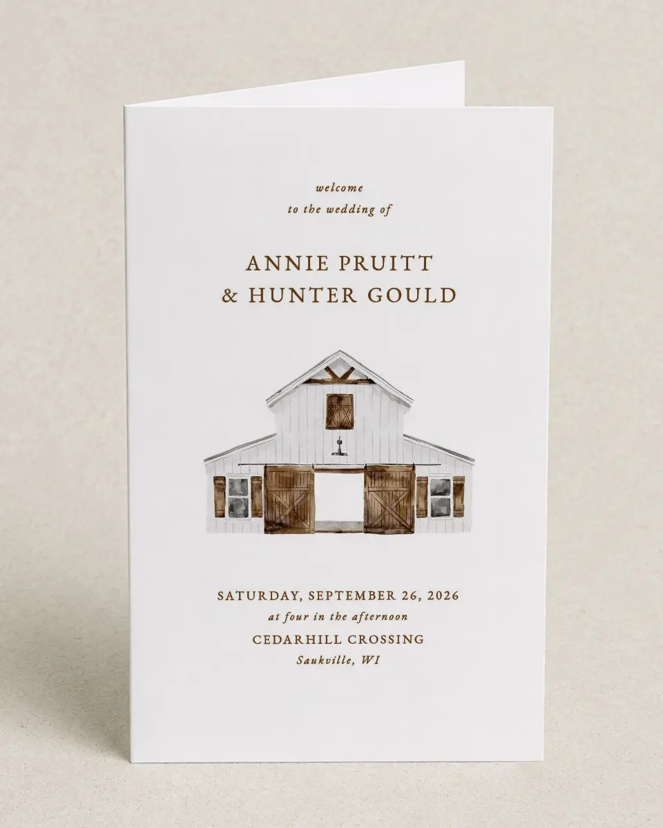 This is a 5" x 7⅞" Folded Half-fold Wedding Program called Cedarhill Crossing printed in full color on Premium Smooth paper