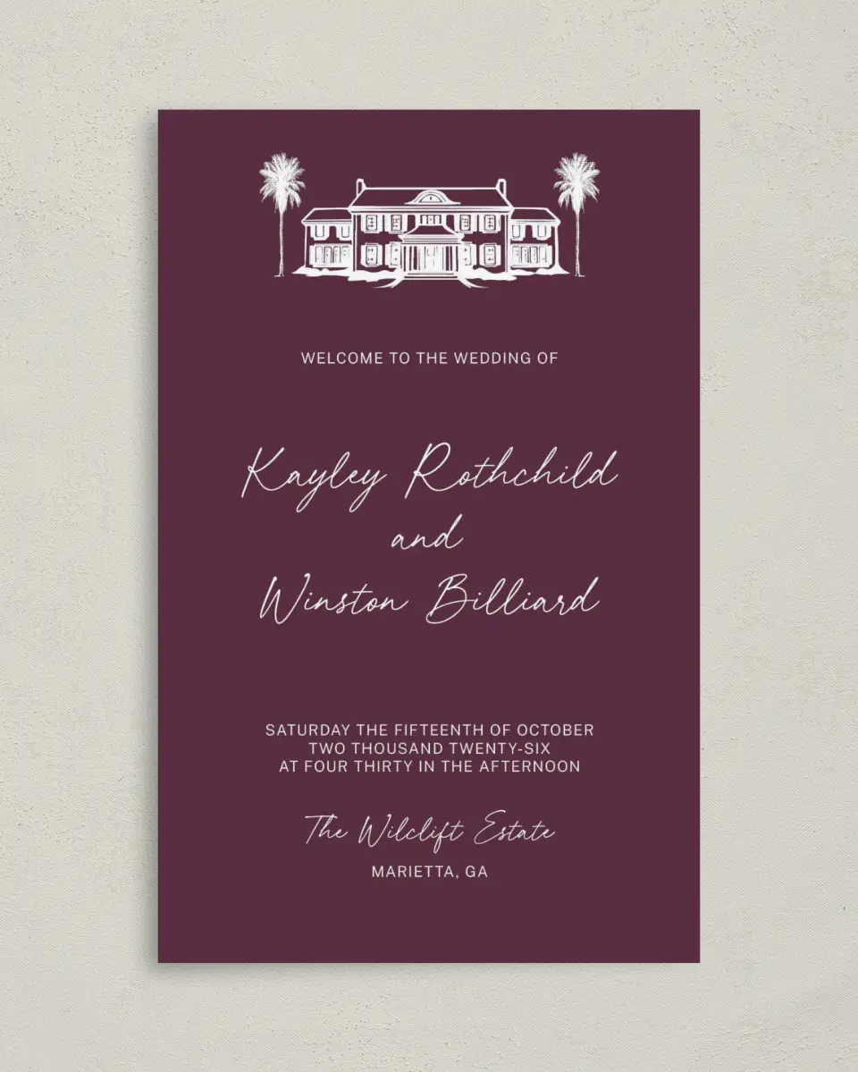 This is a 5" x 7⅞" Folded Half-fold Wedding Program called The Wilclift printed in full color with Gold foil on Luxe Satin (coated) paper