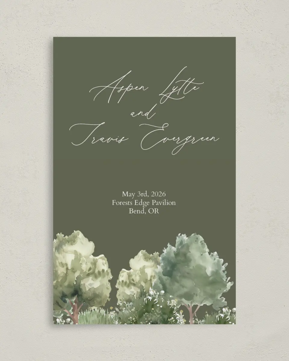 This is a 5" x 7⅞" Folded Half-fold Wedding Program called Willowmere printed in full color with Gold foil on Luxe Satin (coated) paper