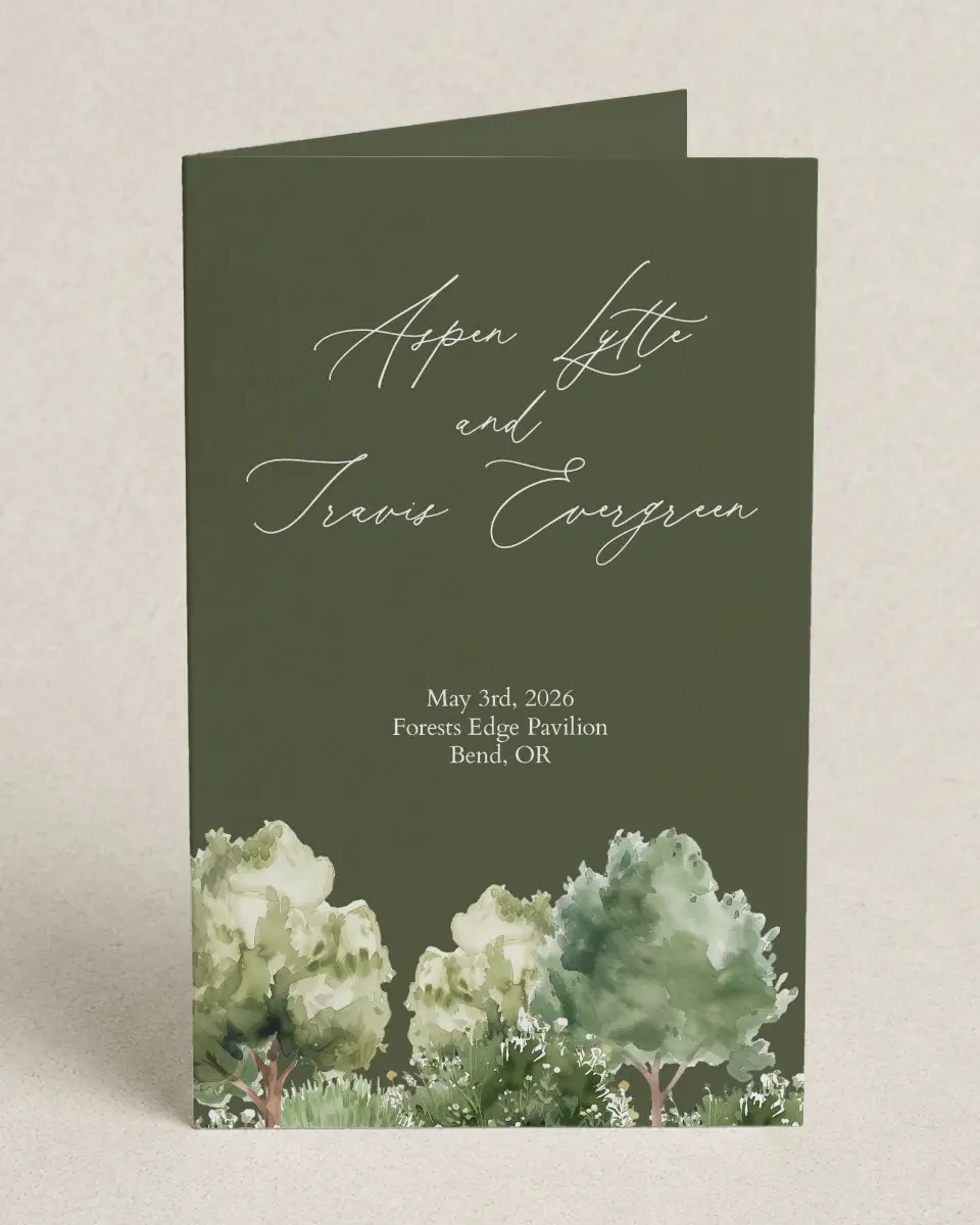 This is a 5" x 7⅞" Folded Half-fold Wedding Program called Willowmere printed in full color on Premium Smooth paper
