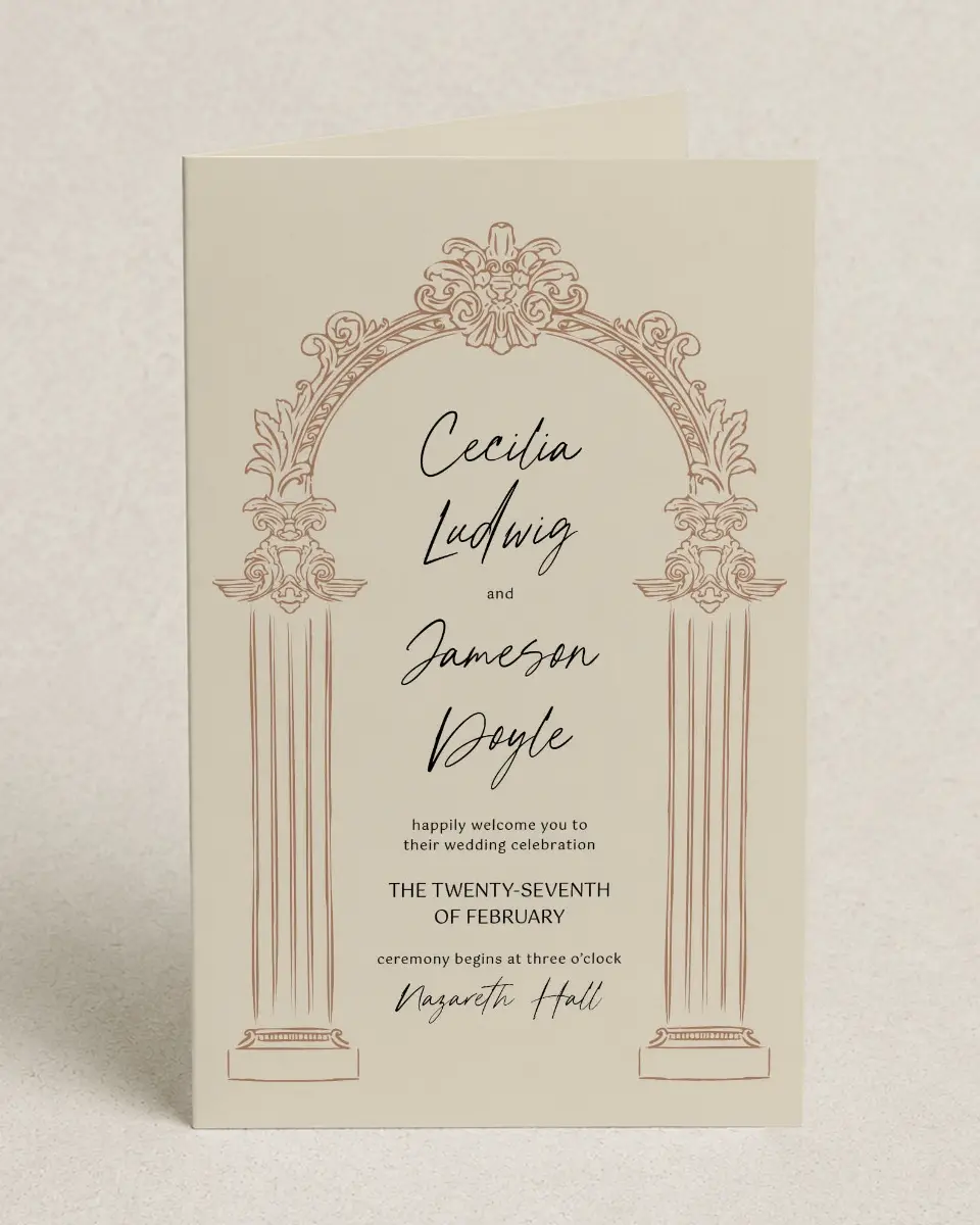 This is a 5" x 7⅞" Folded Half-fold Wedding Program called Nazareth & Stone printed in full color on Premium Smooth paper