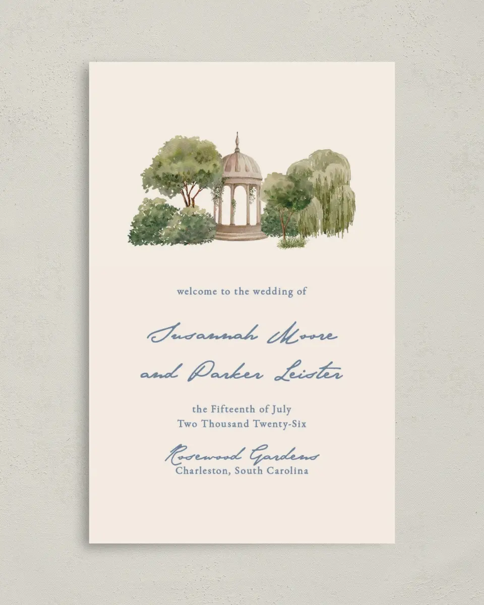 This is a 5" x 7⅞" Folded Half-fold Wedding Program called Rosewood printed in full color on Premium Smooth paper