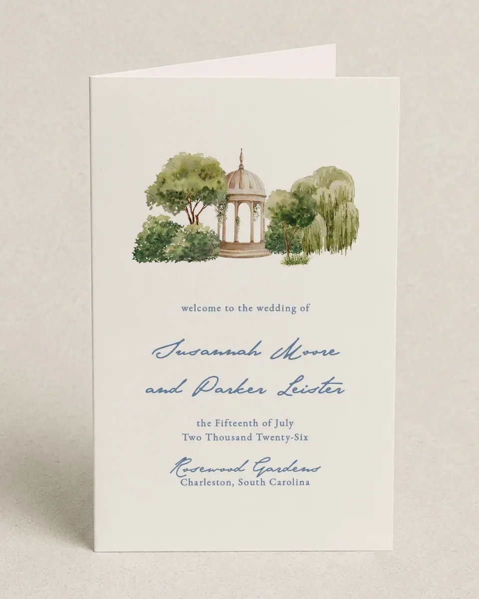 This is a 5" x 7⅞" Folded Half-fold Wedding Program called Rosewood printed in full color on Premium Smooth paper