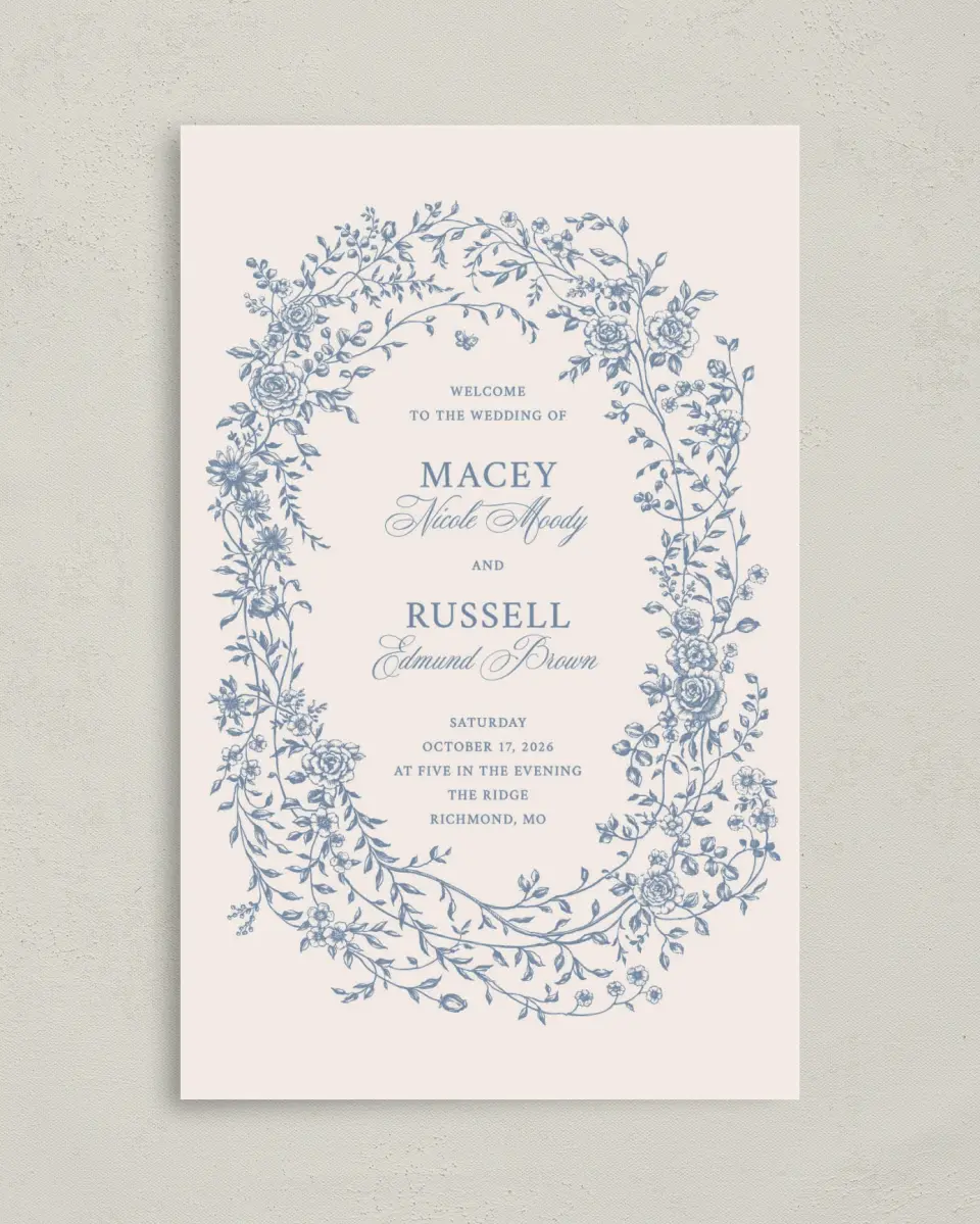 This is a 5" x 7⅞" Folded Half-fold Wedding Program called Vintage Reverie printed in full color on Premium Smooth paper