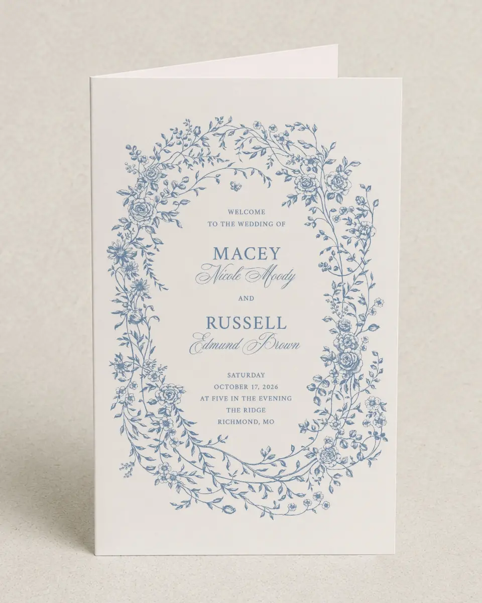 This is a 5" x 7⅞" Folded Half-fold Wedding Program called Vintage Reverie printed in full color on Premium Smooth paper